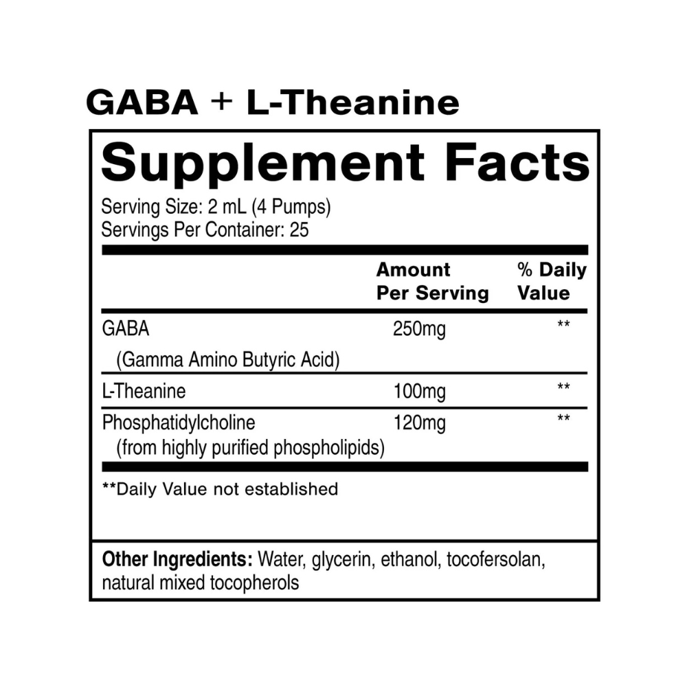 Supplement facts label for GABA + L-Theanine on a white background