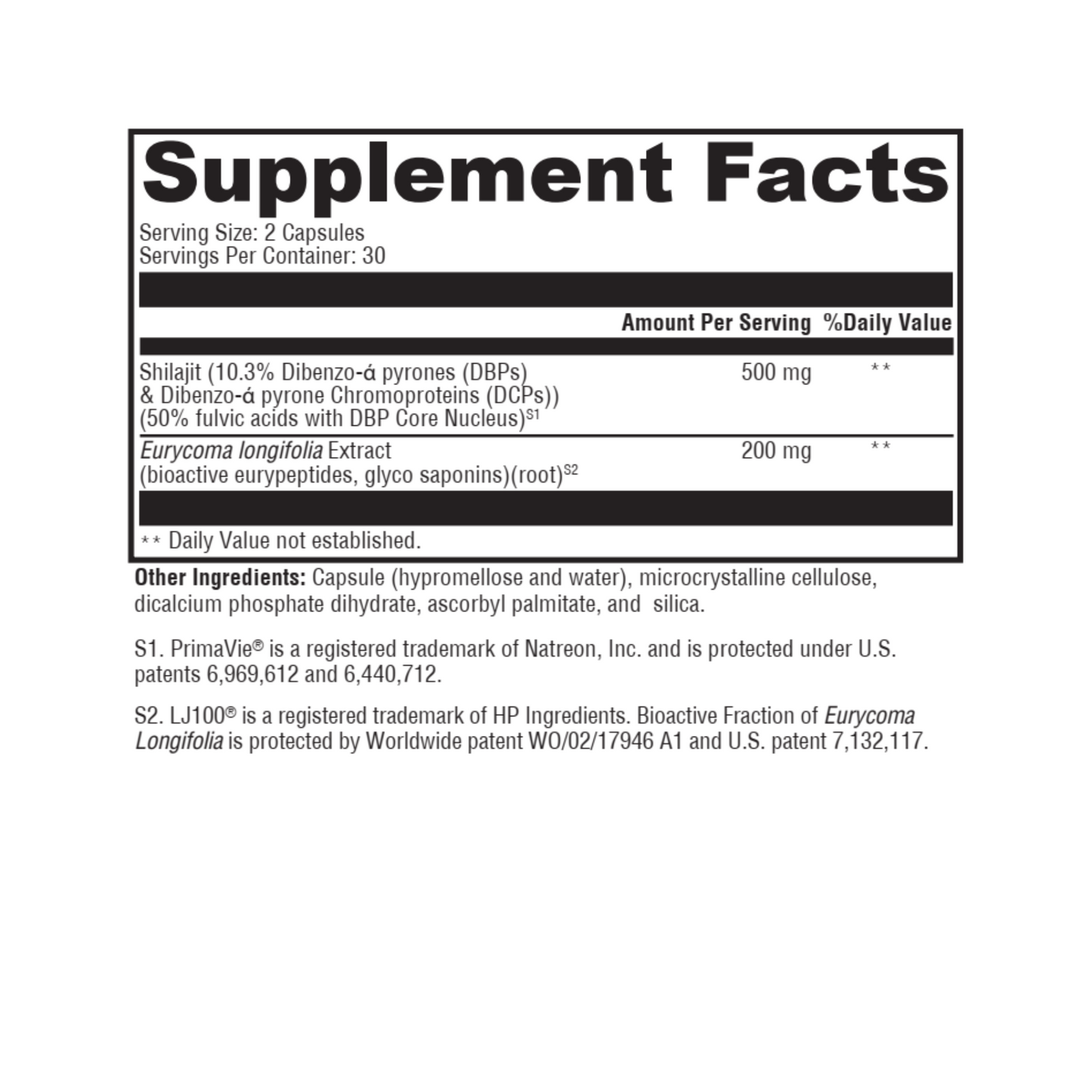 Supplement facts label with black text on a white background
