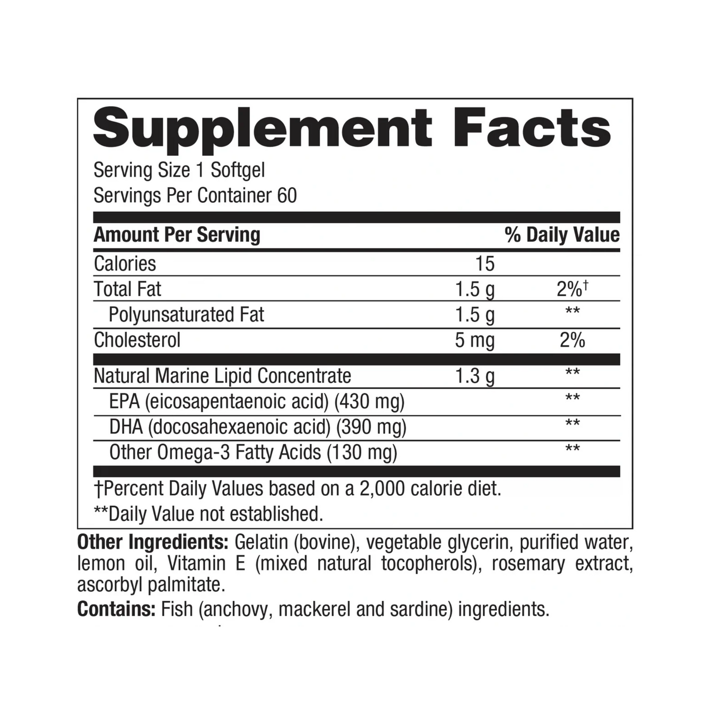Supplement facts label for a product with nutritional information on a white background