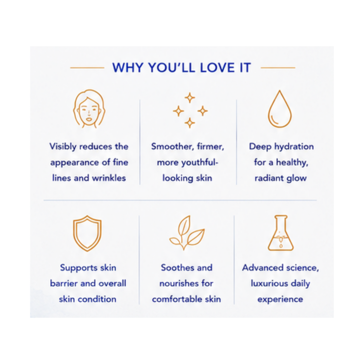 An informational marketing graphic with the headline 'WHY YOU'LL LOVE IT' and six illustrated benefit points in blue text with orange icons on a white background.