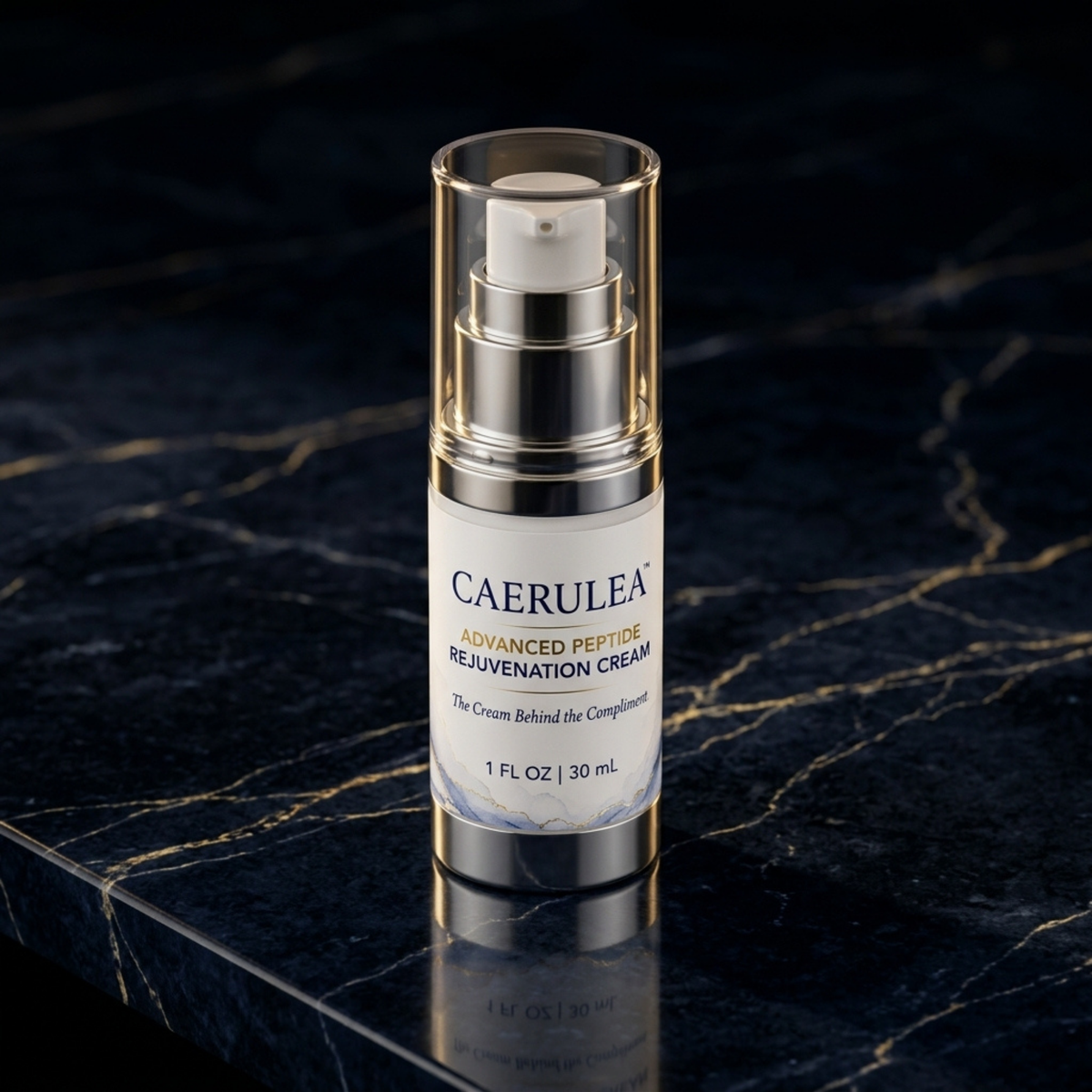 A bottle of Caerulea Advanced Peptide Revivention Cream standing on a dark marble surface with gold veining. The bottle is clear with a silver pump and a white label featuring blue and gold text.