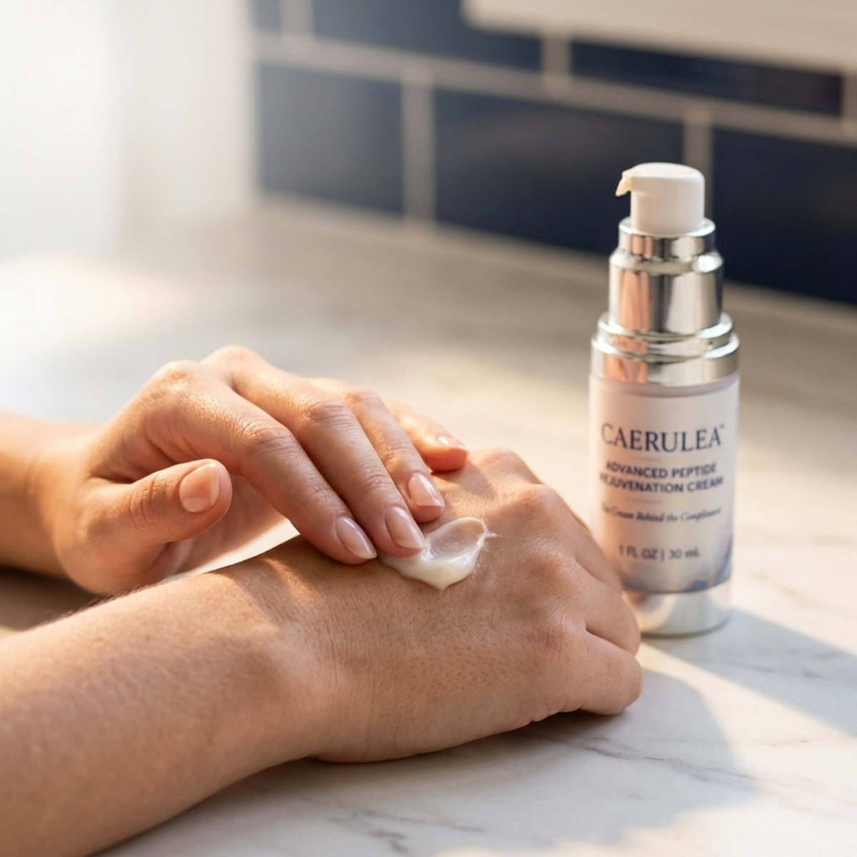 A person applies a white cream from a silver pump bottle labeled CAERULEA Advanced Peptide Caution Cream onto the back of another person's hand, set against a marble countertop and dark tiled wall.
