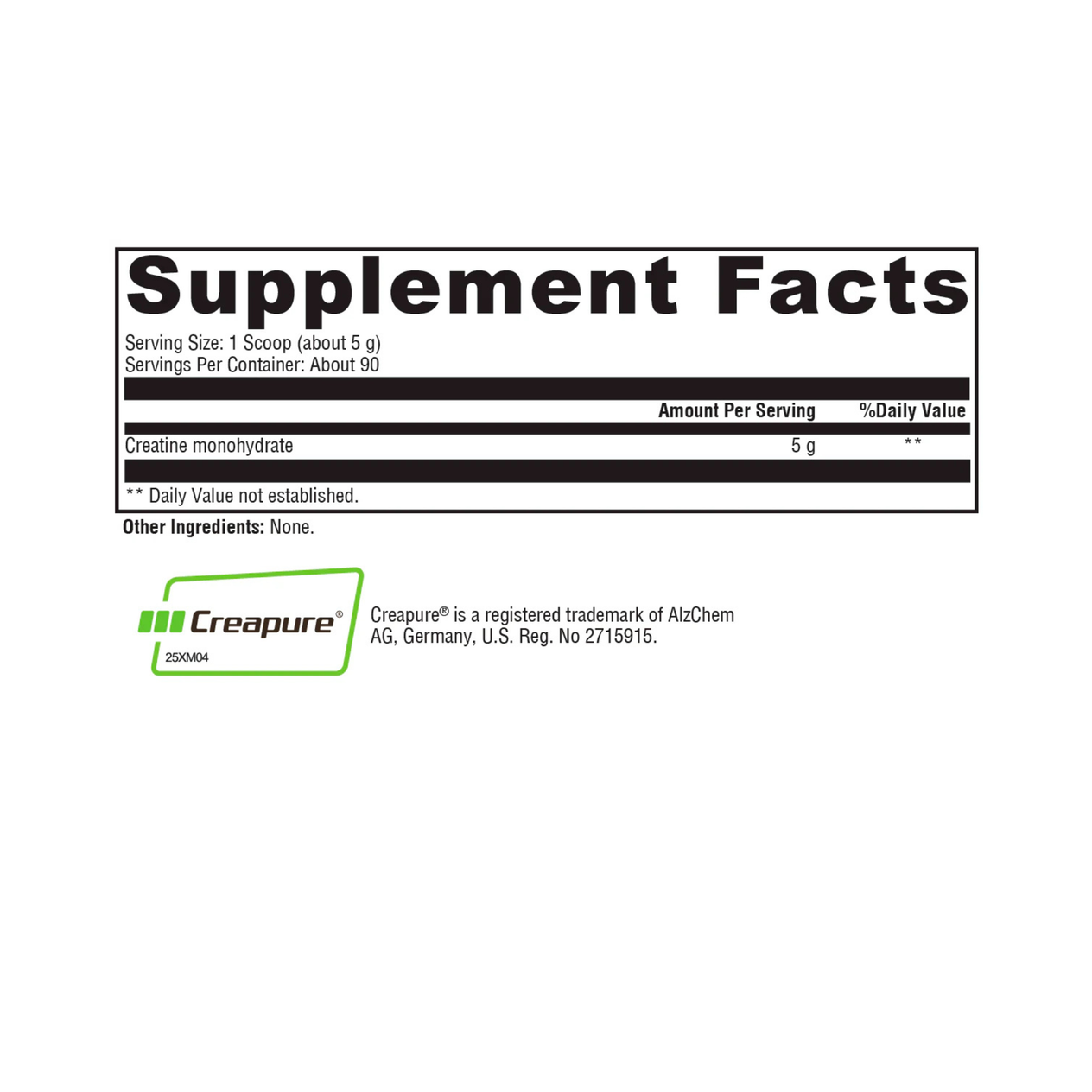 Supplement facts label with Creapure branding on a white background