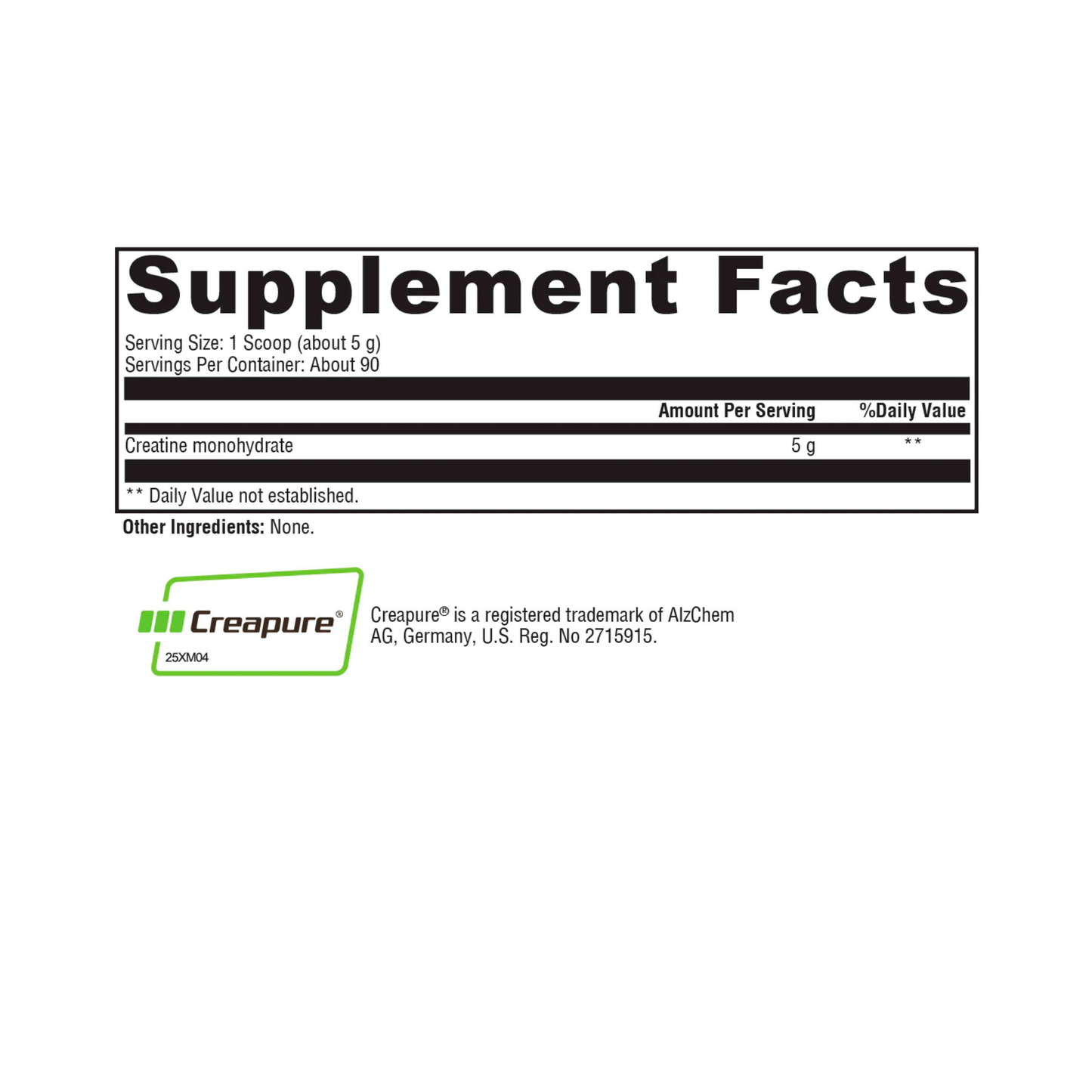 Supplement facts label with Creapure branding on a white background