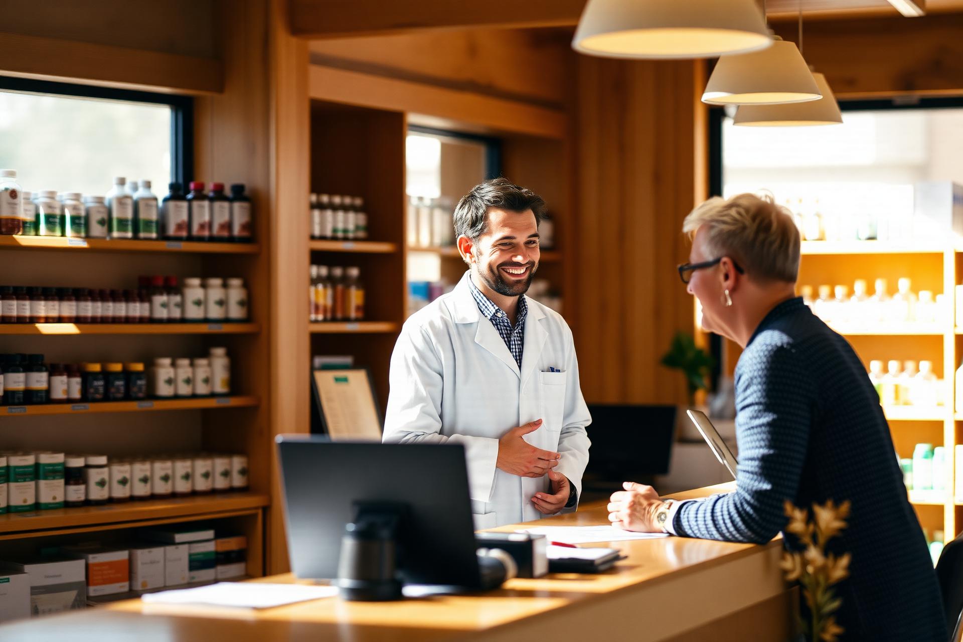 Dr. Kizer consulting with a patient at the pharmacy counter