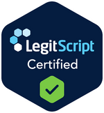 LegitScript certification badge with a blue hexagon and green check mark.