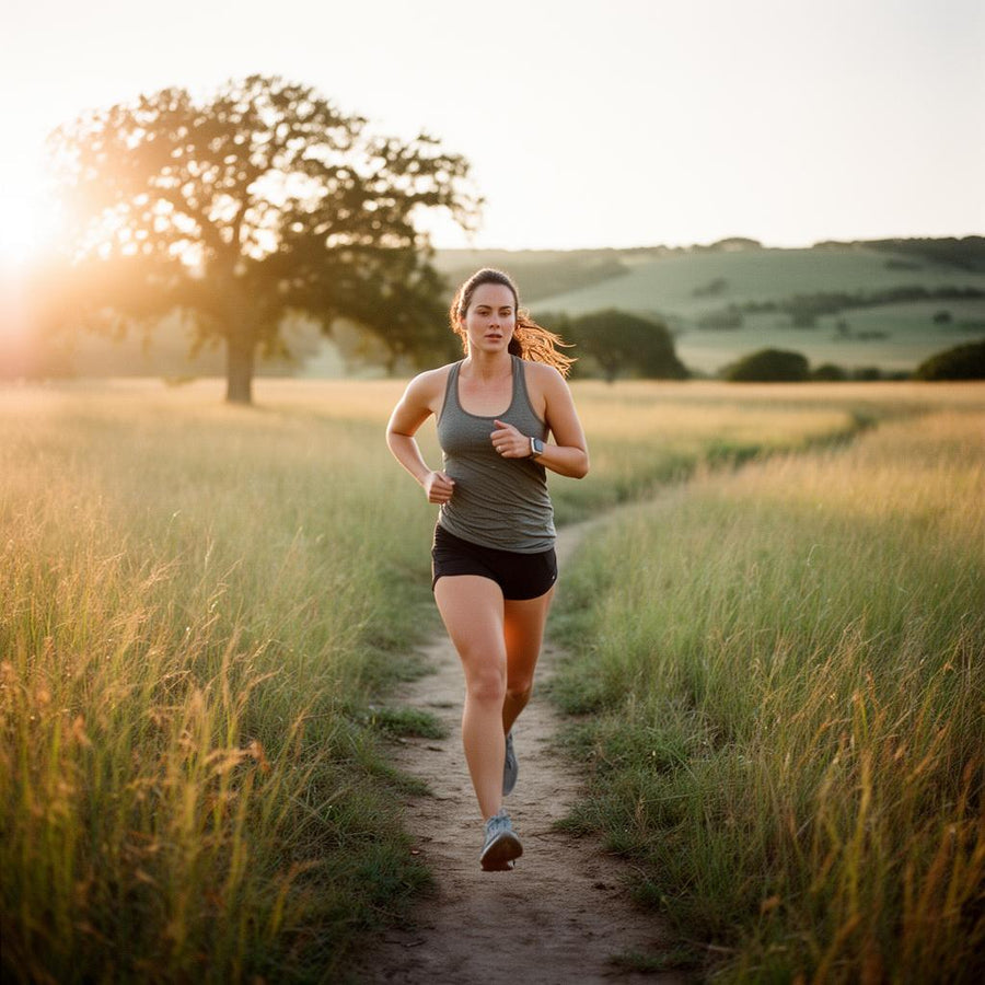 Woman running on a path through a scenic landscape with trees and open fields.