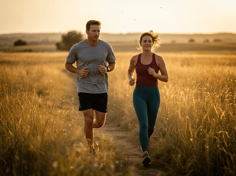 Man and woman running together in a field at sunset